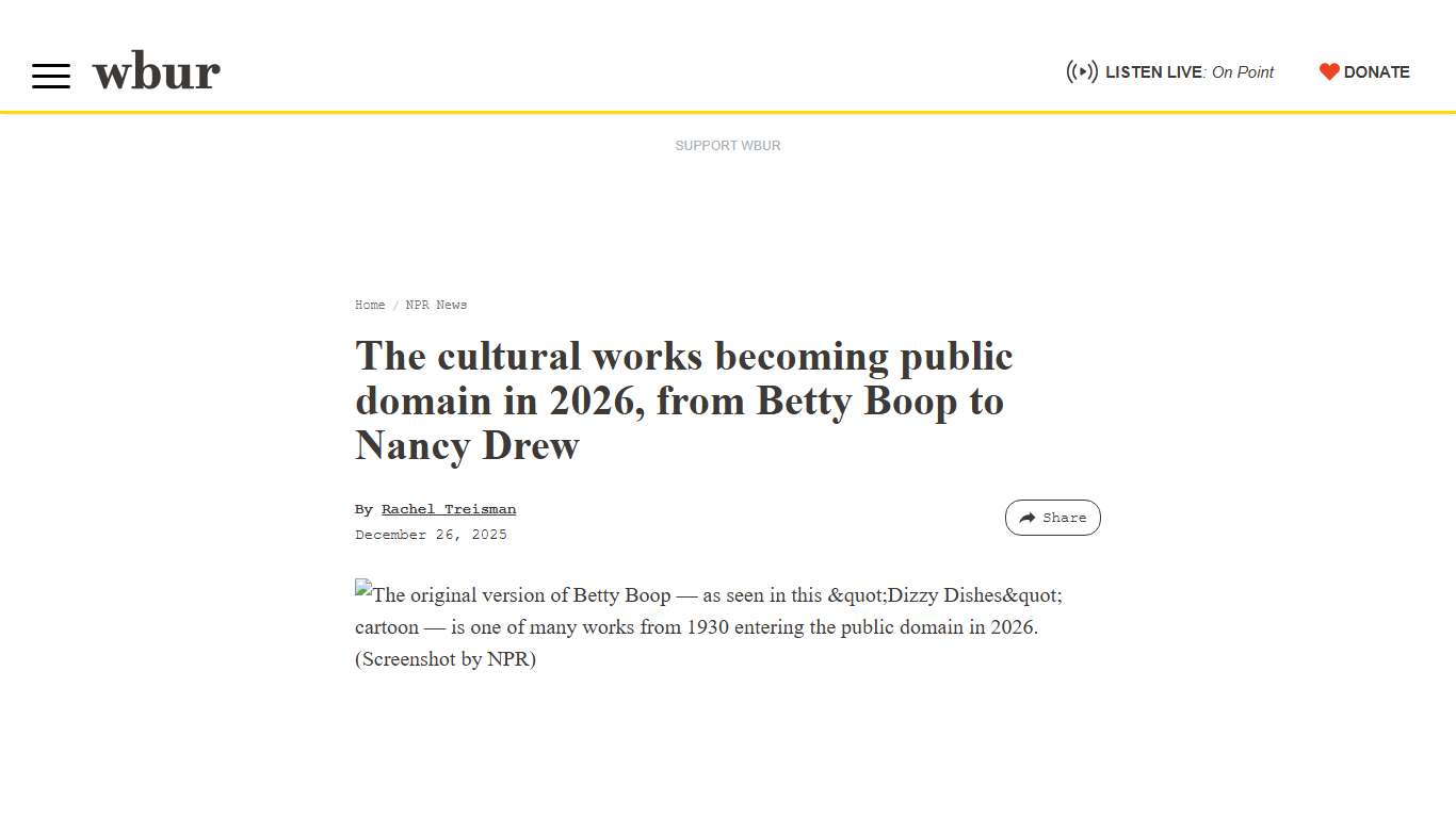 The cultural works becoming public domain in 2026, from Betty Boop to Nancy Drew WBUR